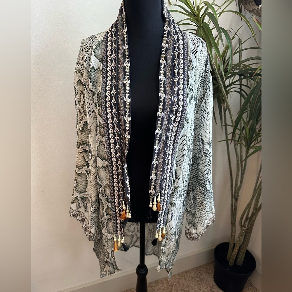 Snake Print silk kimono top with Beaded Trim collar black & white one size